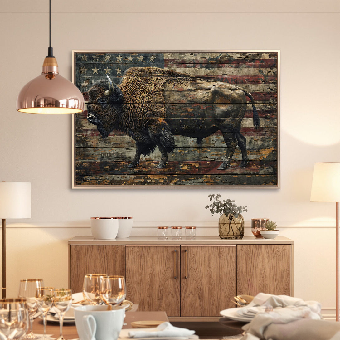 Framed Wall Art: Rustic bison on American flag wood. Earthy tones of brown, red, and blue. Perfect for adding a touch of Americana to your home.