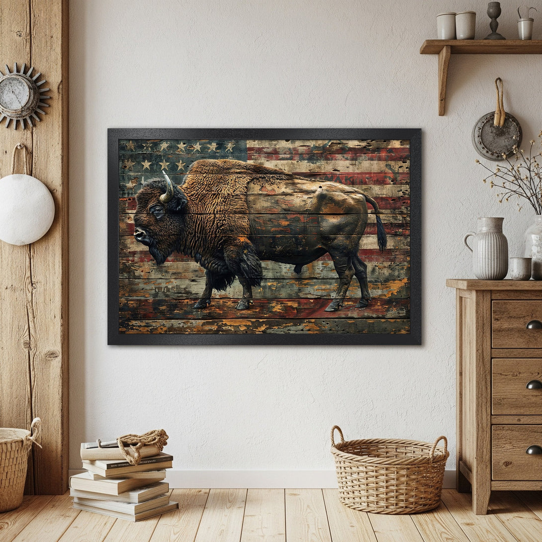 Framed Poster featuring a majestic bison against an American flag backdrop. Rustic style, warm brown and red color palette. Add a touch of Americana!