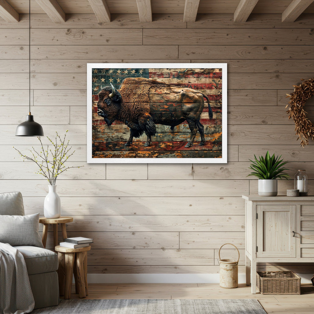 Framed Poster featuring a majestic bison with an American flag background. Rustic style with warm browns, reds, and blues. Perfect wall art!