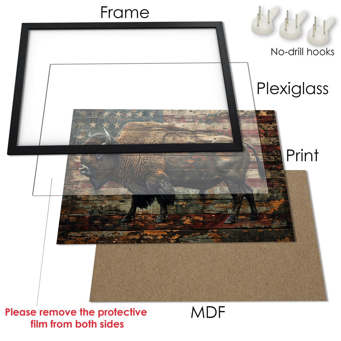 Framed Poster featuring a bison against a rustic American flag backdrop. Earthy tones and vintage style. Add this unique poster to your decor!