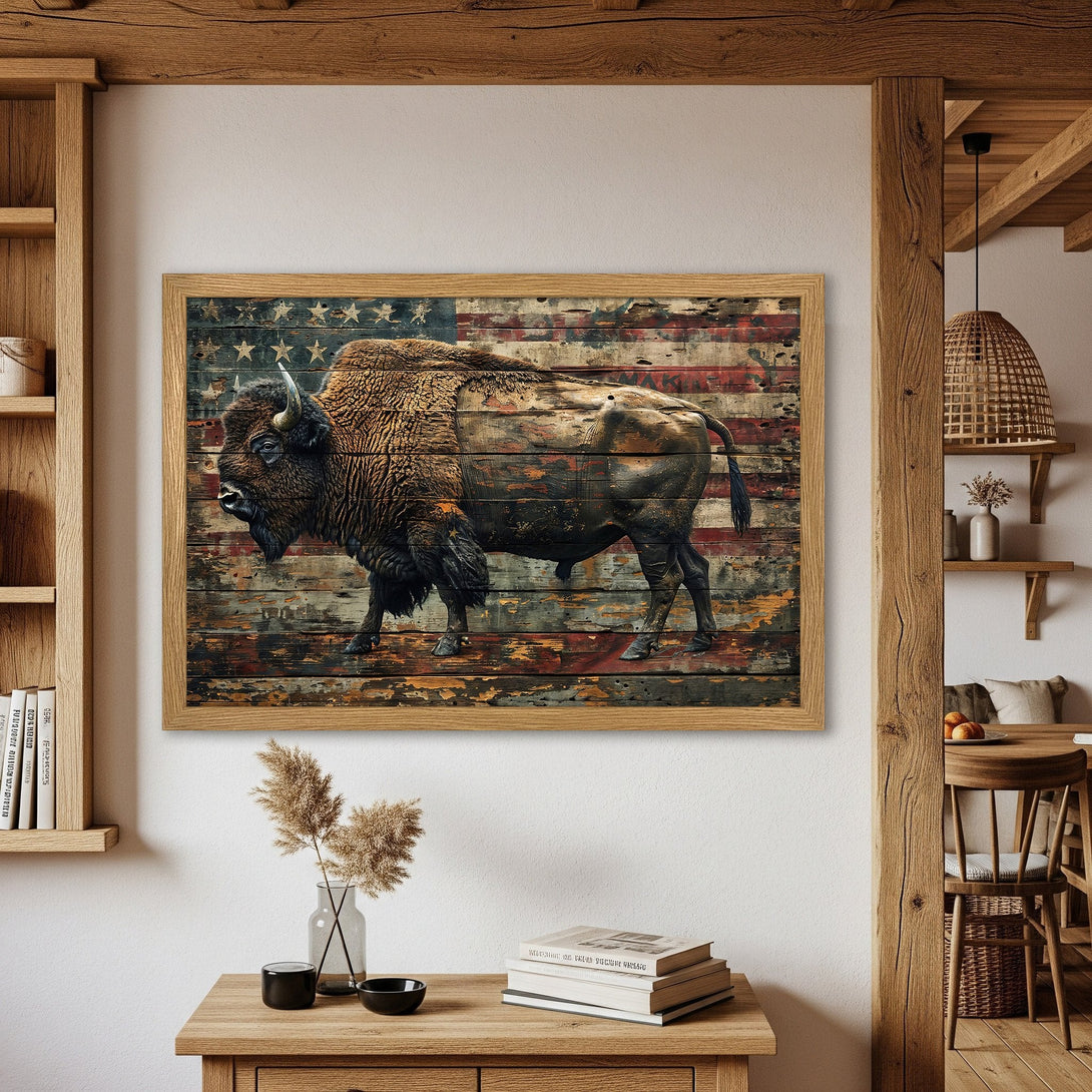 Framed Poster featuring a majestic bison against a rustic American flag backdrop. Earthy tones and vintage style create a captivating wall art piece.