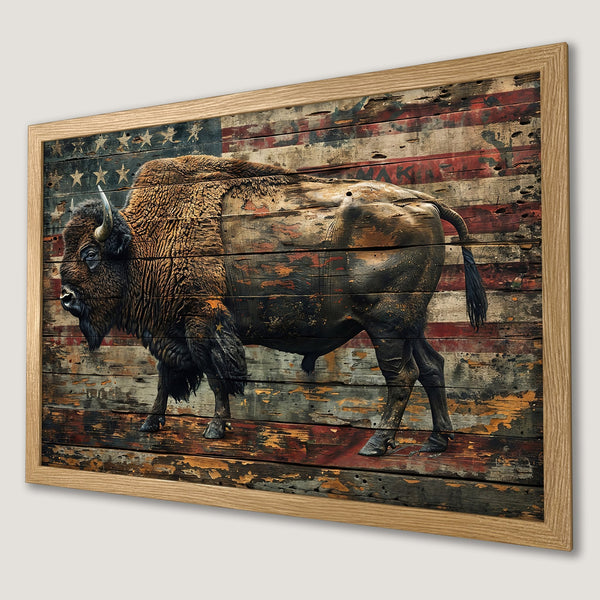Framed Poster featuring a bison against an American flag backdrop, rustic style, warm earthy tones.