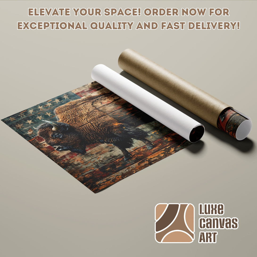 Poster Roll featuring a bison on an American flag, rustic style, warm color palette. Elevate your space!