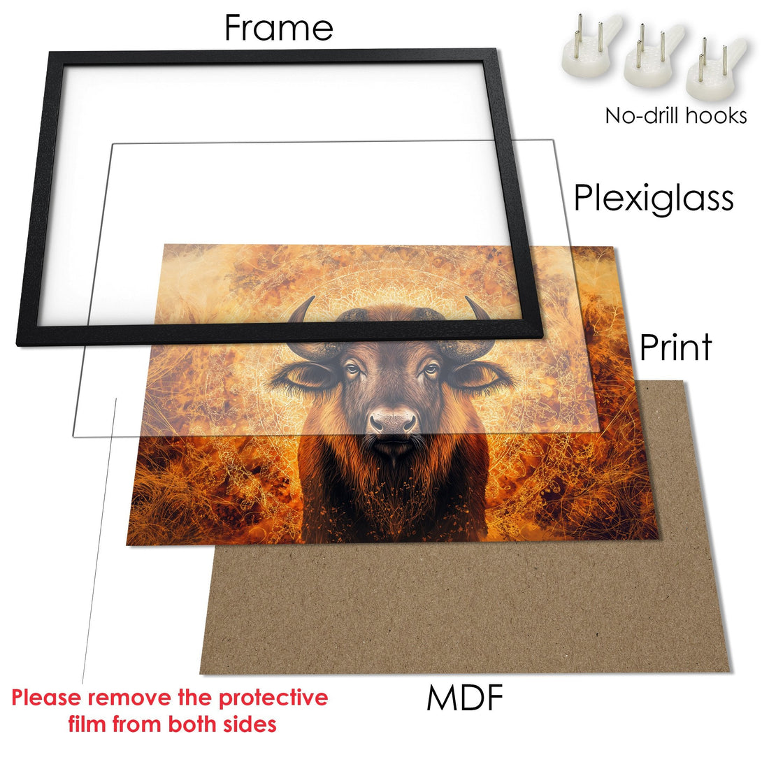 Framed Poster featuring a majestic bison in warm, earthy tones. A stunning art print for your home!