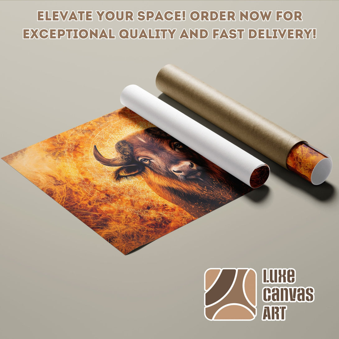 Poster Roll featuring a bison in a fiery style, warm orange and brown palette. Elevate your space!