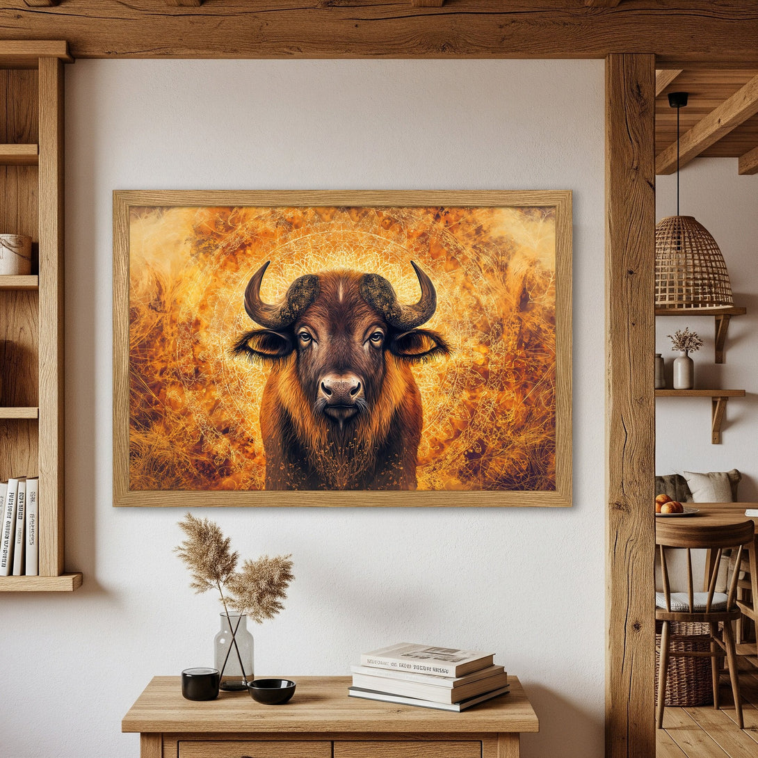 Framed Poster featuring a majestic bison in warm orange tones. Rustic art style, perfect for home decor.