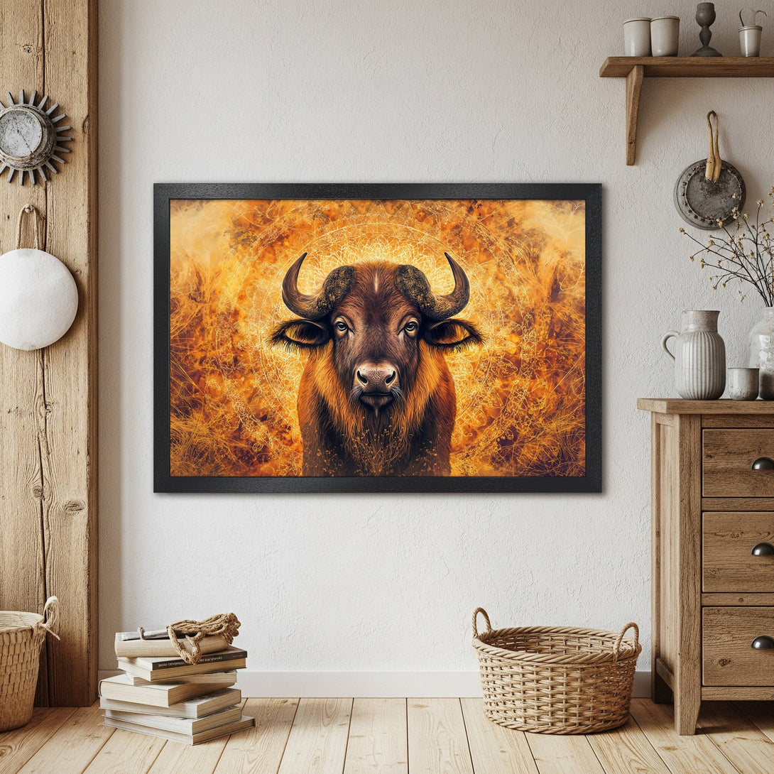 Framed Poster featuring a majestic buffalo in warm orange tones. Rustic art for your home!