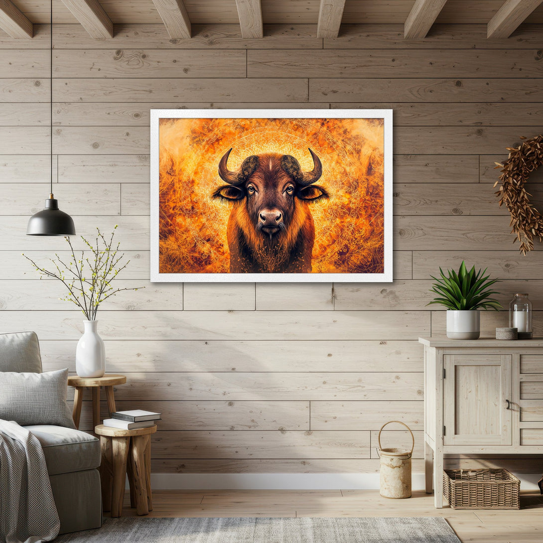 Framed Poster featuring a majestic bull in warm orange and brown tones. Artistic, spiritual wall art for your home.