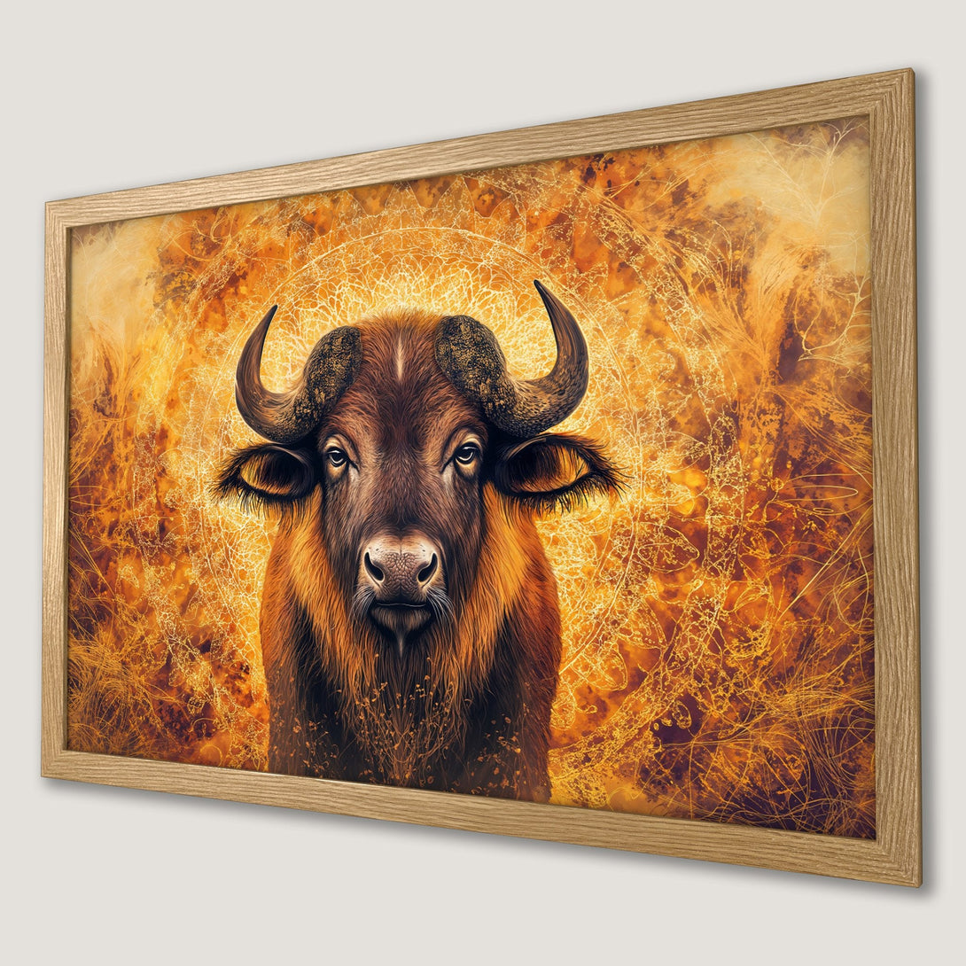 Framed Poster featuring a buffalo in warm orange and brown tones. Artistic style, perfect wall art for any room.