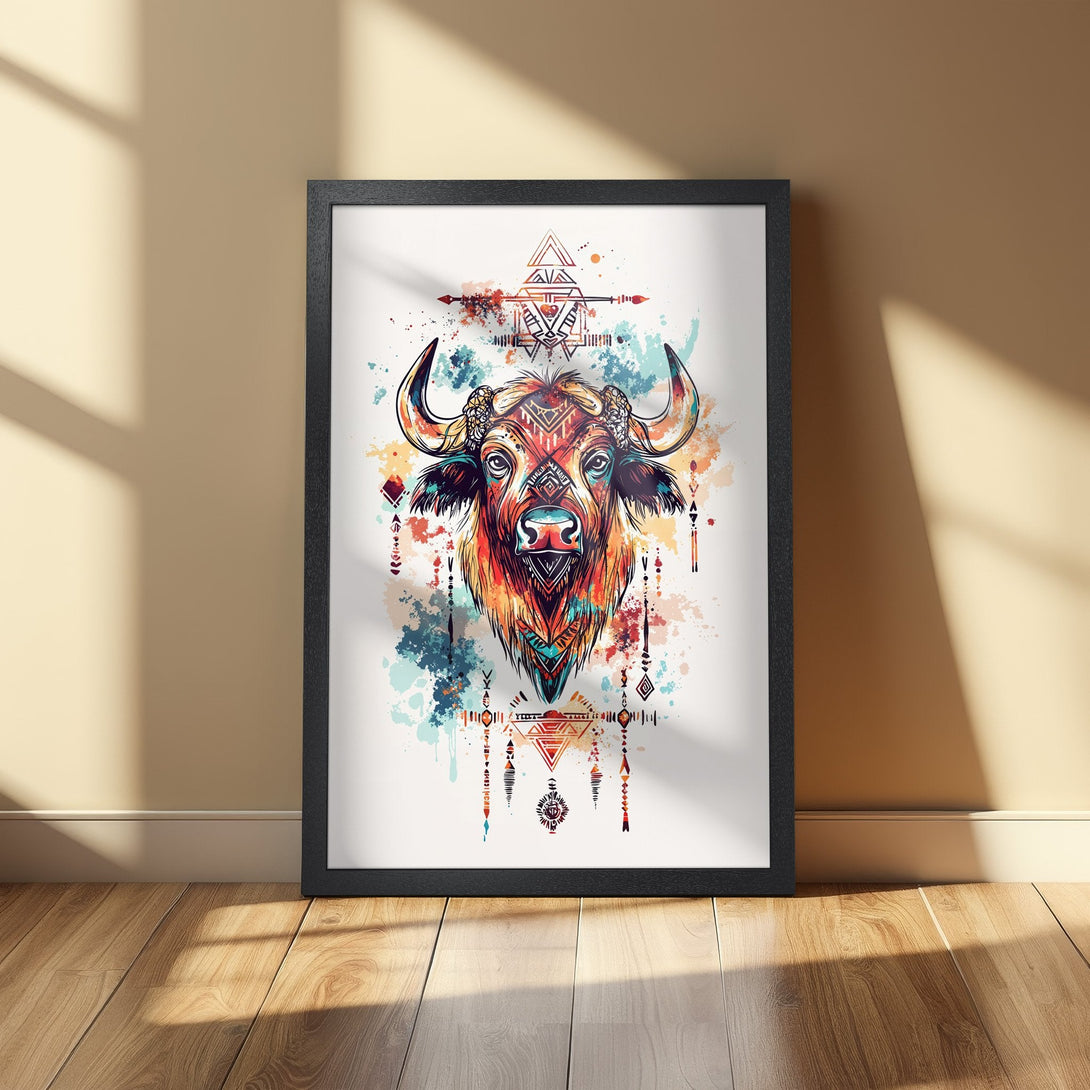 Framed Poster featuring a vibrant watercolor buffalo with tribal art, warm orange and blue color palette, perfect wall art.