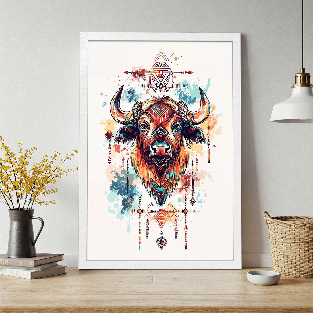 Framed Poster of a colorful buffalo in a watercolor style with tribal elements. Features a warm, earthy color palette.