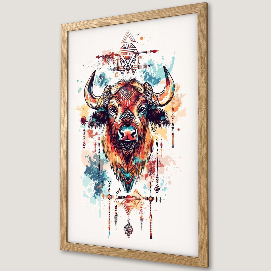 Framed Poster featuring a vibrant buffalo illustration in a watercolor style with a warm, colorful palette. Perfect wall art!
