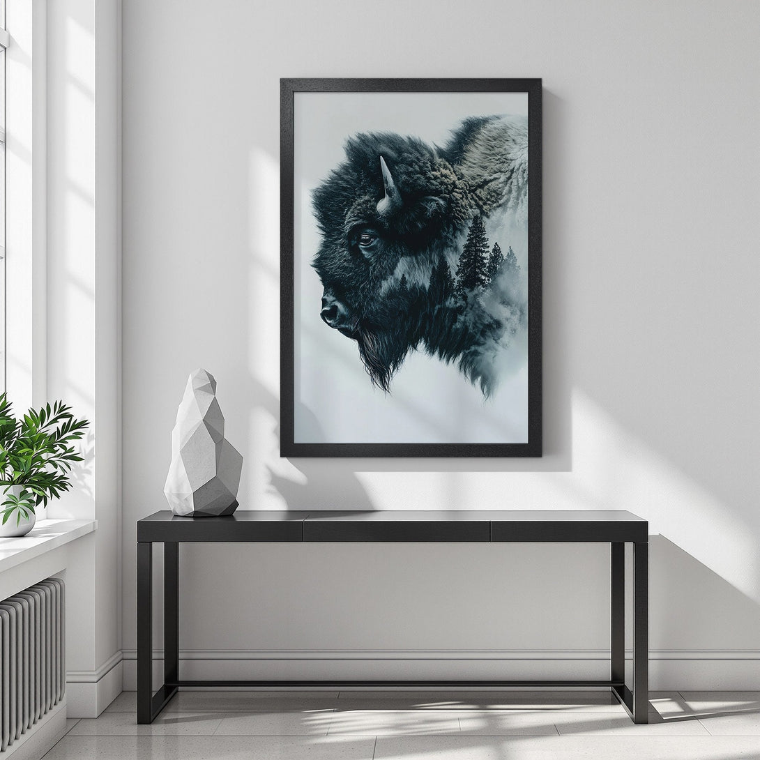 Framed Poster featuring a bison in a monochrome style with a forest overlay. Modern art for your home decor.