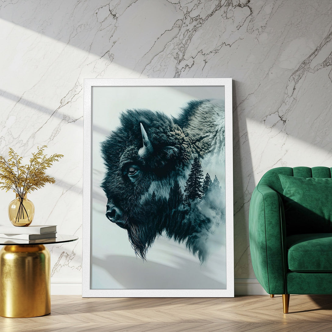 Framed Poster featuring a majestic bison in a nature-inspired style. Moody blue and gray color palette, perfect wall art for any room.