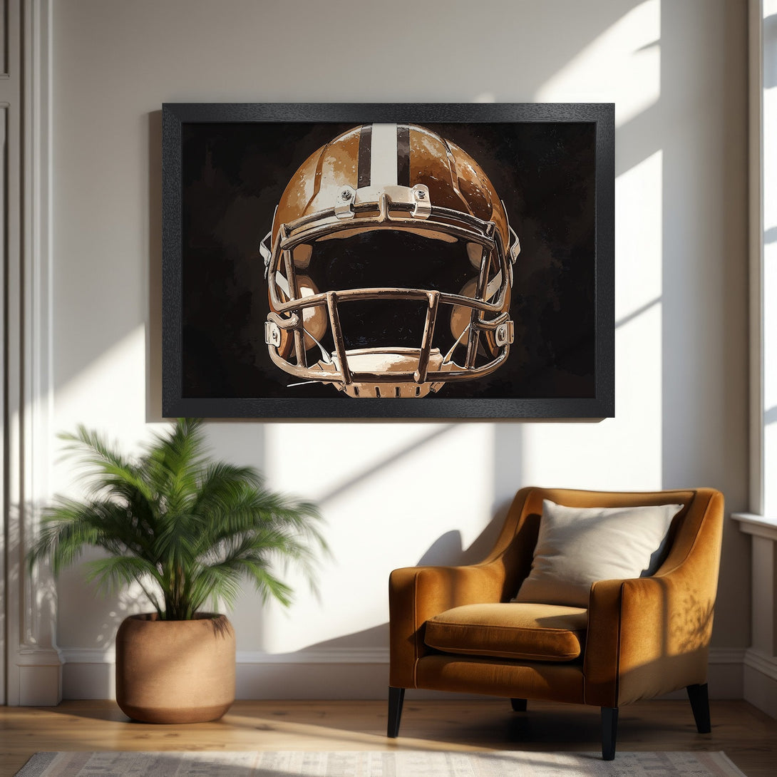 Framed Poster featuring a football helmet in a warm, neutral color palette. Perfect for sports fans and home decor.