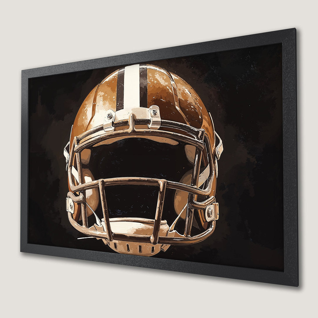 Framed Poster featuring a football helmet in a vintage style with a brown and black color palette. Perfect for sports fans!