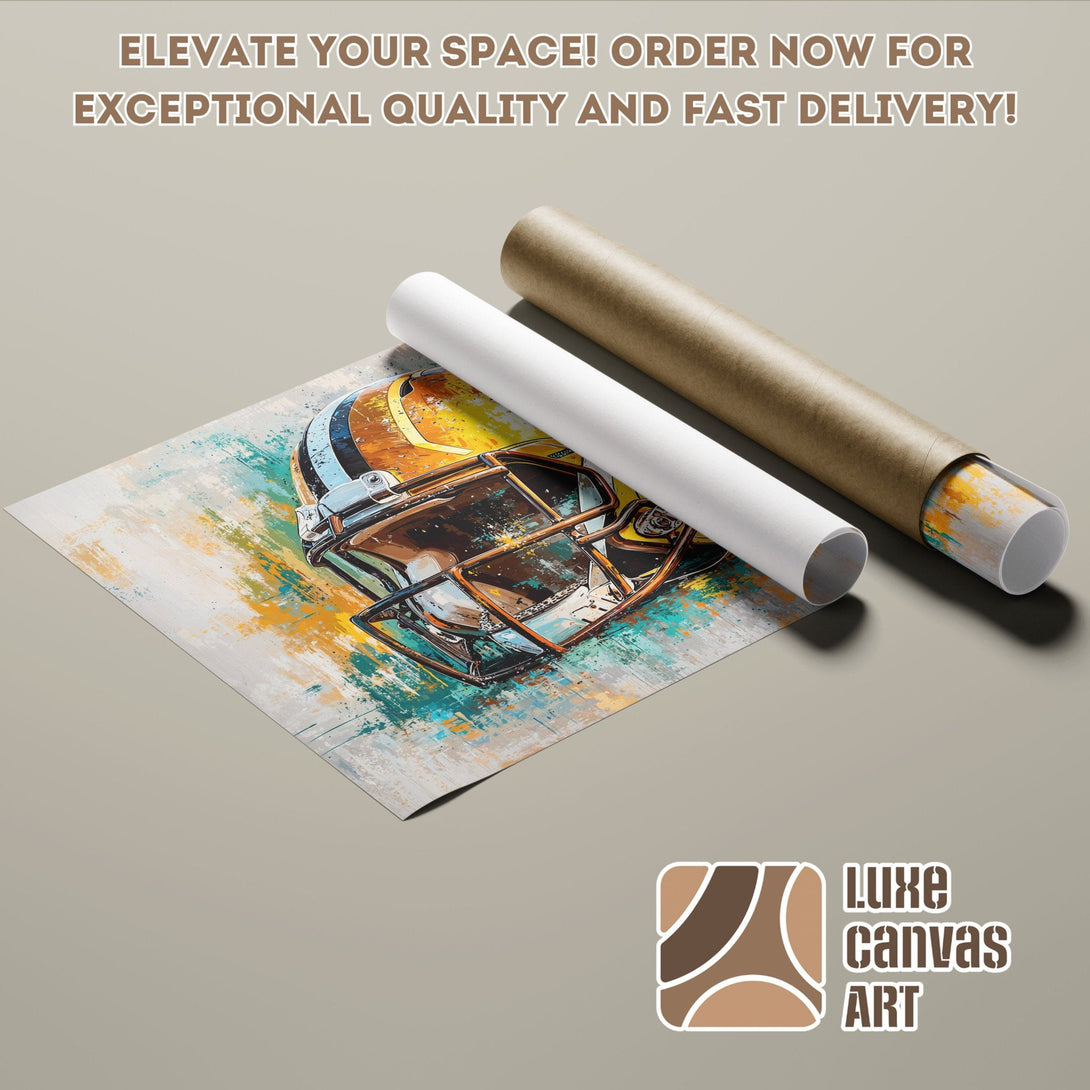 Poster Roll featuring a football helmet, abstract art style, with teal, orange, and brown color palette.