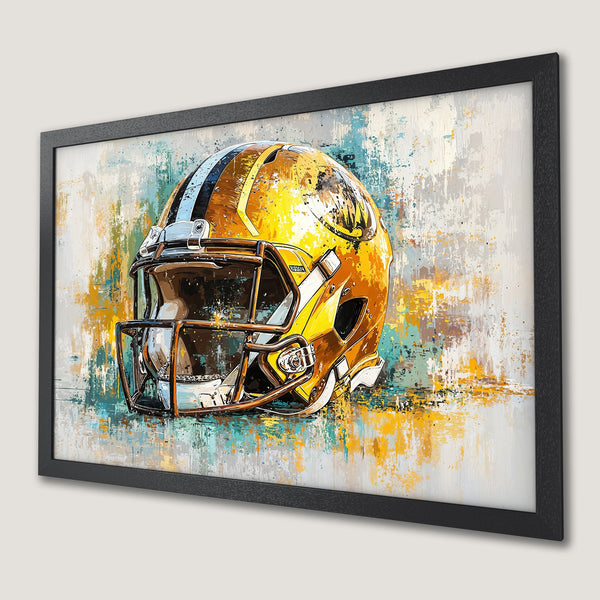 Framed Poster of a football helmet, abstract art style, yellow and blue color palette. Perfect wall decor!
