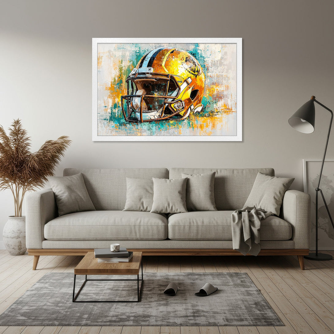 Framed Poster of a football helmet in abstract style with yellow, orange, and teal color palette. Perfect wall art for sports fans!