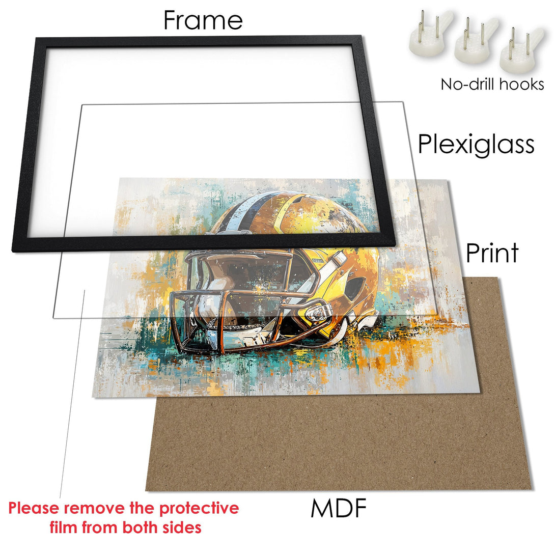Framed Poster featuring a football helmet in an abstract style with a vibrant yellow, teal, and gold color palette. Ready to hang!