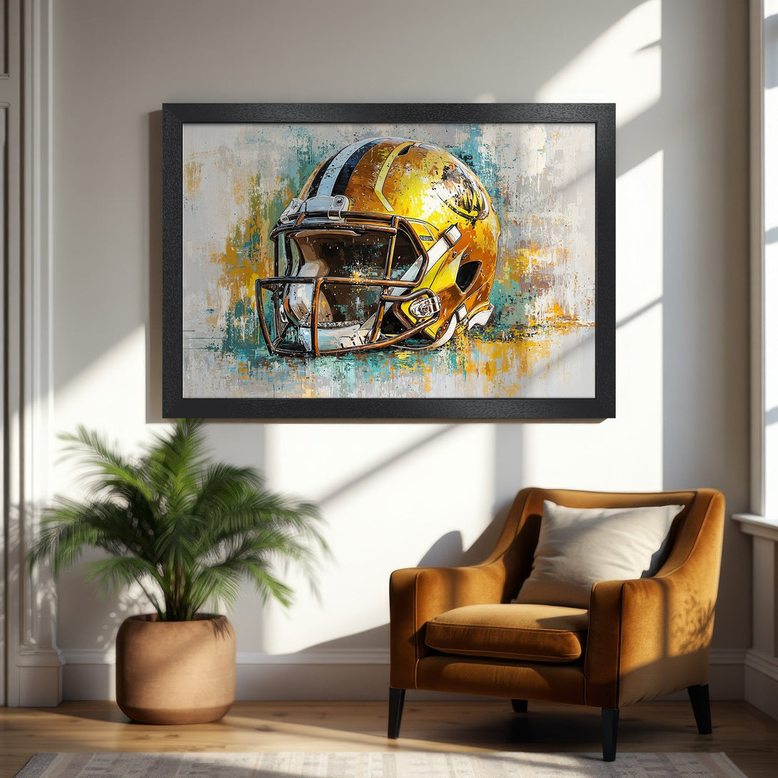 Framed Poster featuring a football helmet in an abstract style with a gold and teal color palette. Perfect wall art!