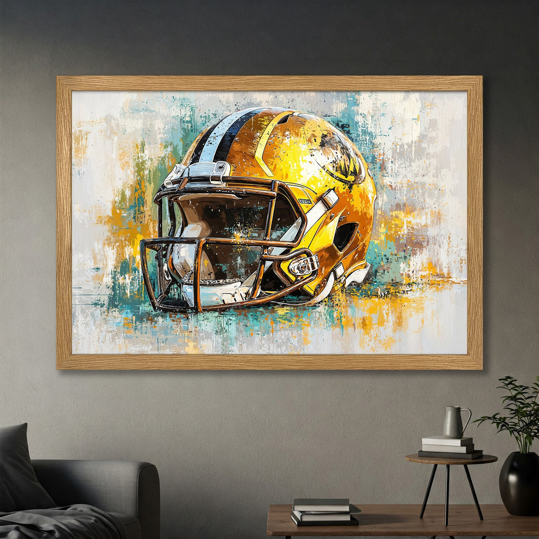 Framed Poster of a football helmet in an abstract style with a yellow and blue color palette. Perfect wall art!