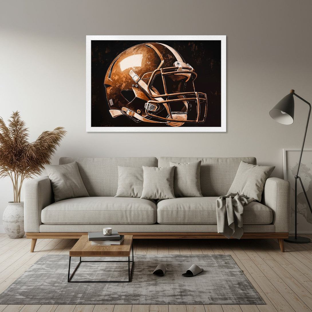 Framed Poster of a football helmet in a modern style with a brown and black color palette. Elevate your space!