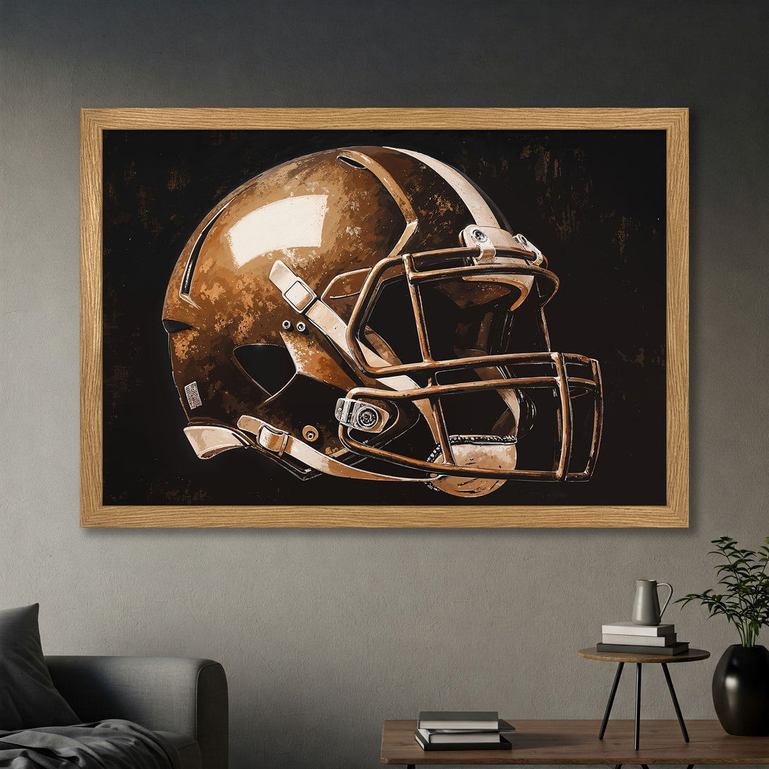 Framed Poster of a football helmet in a vintage style, featuring a brown and black color palette. Perfect wall art for sports fans!
