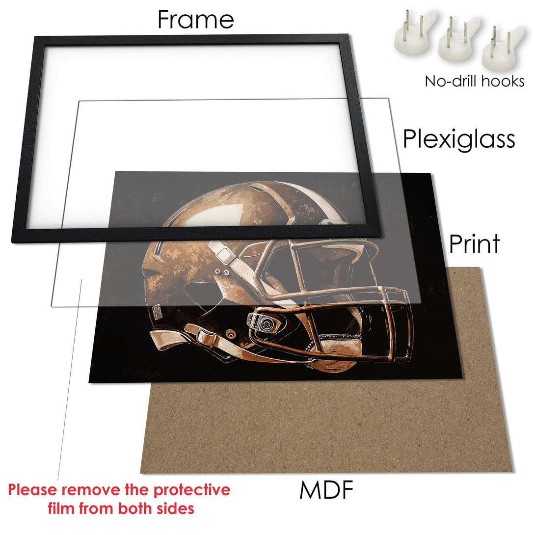 Framed Poster featuring a football helmet, vintage style, with a brown and black color palette. Perfect wall art!