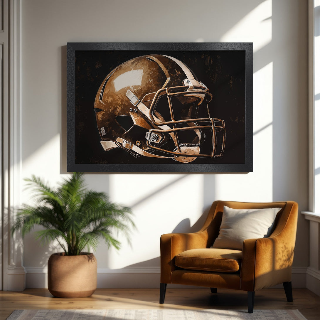 Framed Poster featuring a football helmet in a warm, artistic style with a brown and black color palette. Perfect for sports fans!