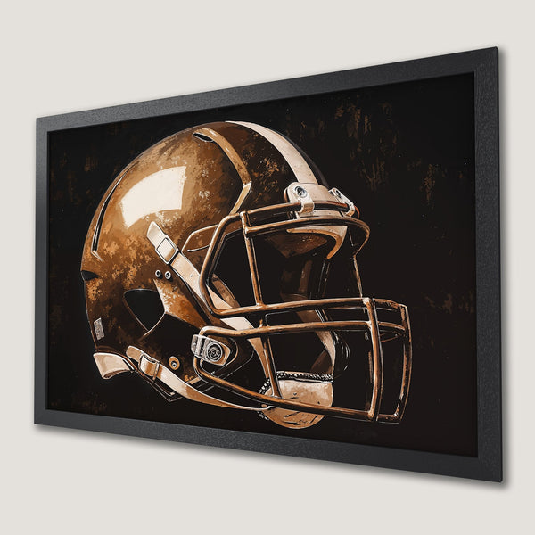 Framed Poster of a football helmet in a vintage style, featuring a brown and black color palette. Perfect wall art!