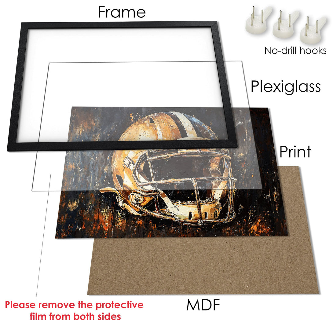 Framed Poster featuring a football helmet in an abstract style with a warm, earthy color palette. Perfect wall art!