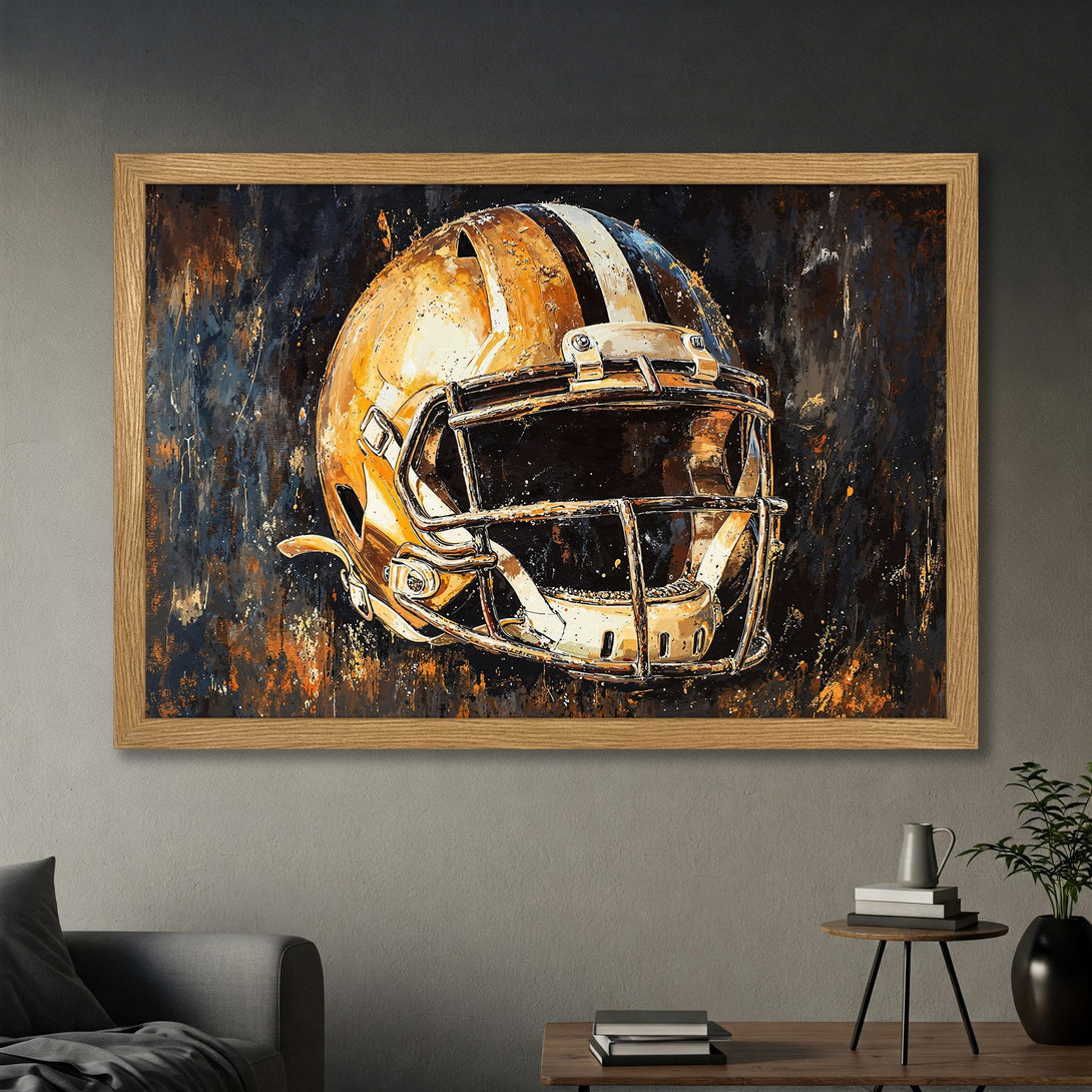 Framed Poster of a football helmet in an abstract style with a warm color palette. Perfect wall art for sports fans!