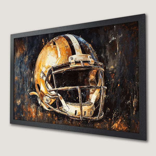 Framed Poster of a football helmet, abstract art style with gold, black, and orange color palette. Perfect sports decor.