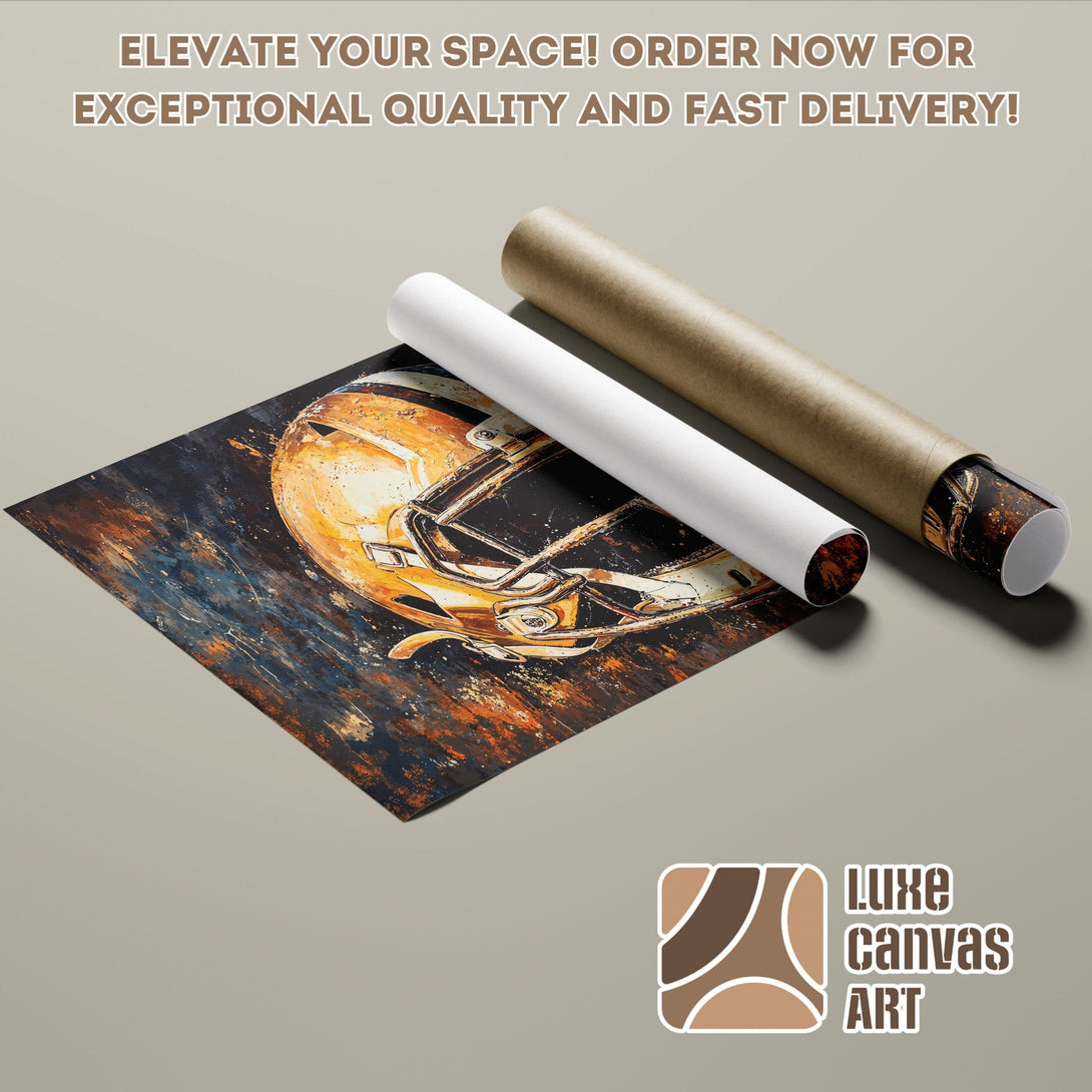 Abstract football helmet poster roll, warm color palette. Elevate your space with Luxe Canvas Art!