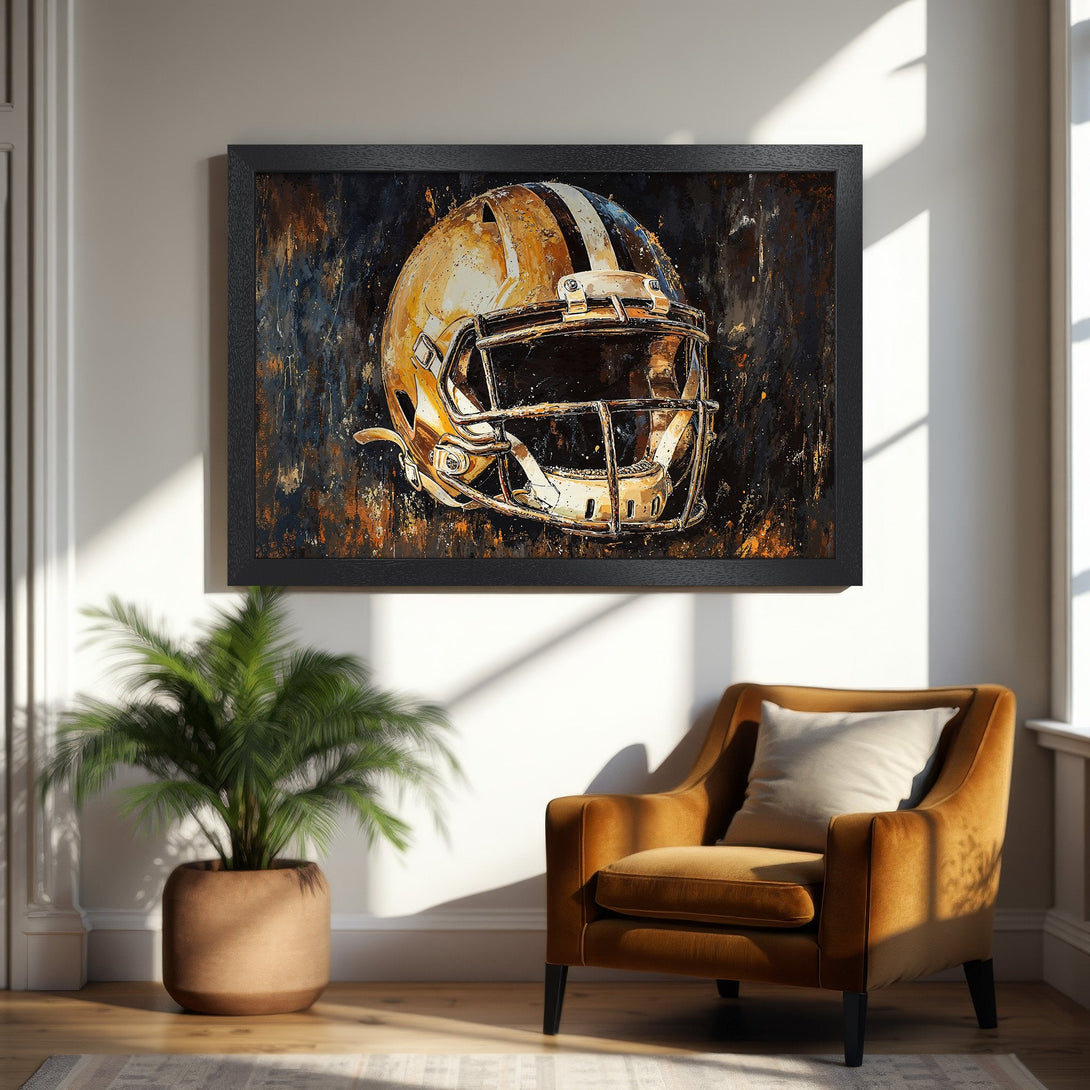 Framed Poster of an abstract football helmet in gold and black, perfect for sports fans. Modern art style, warm color palette.