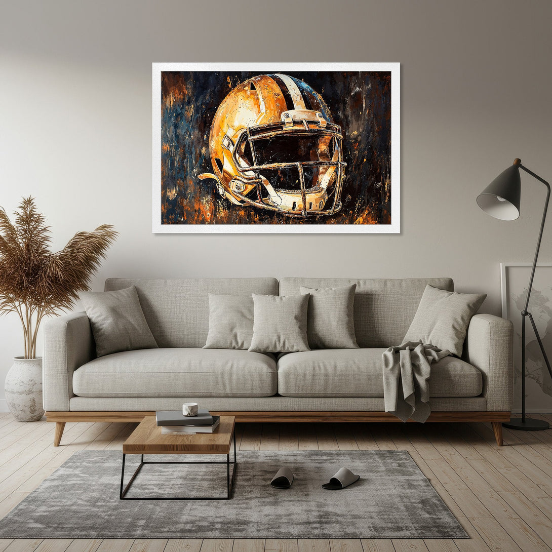 Framed Poster of a football helmet in abstract style with orange, black, and white color palette. Perfect wall art for sports fans!