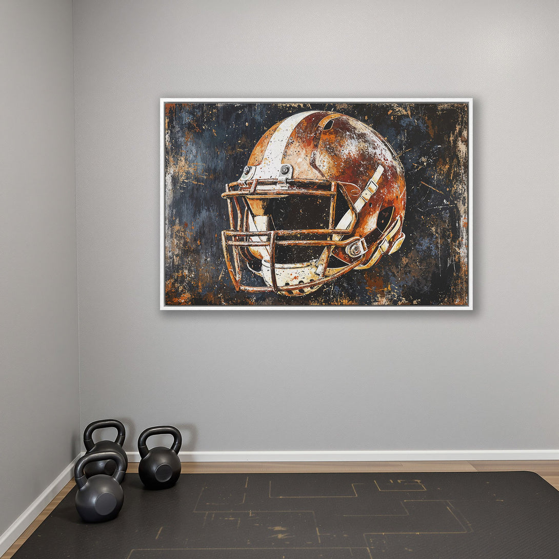 Framed Wall Art: Abstract football helmet art in a rustic style with orange, white, and blue tones. Perfect for home gyms or sports decor.