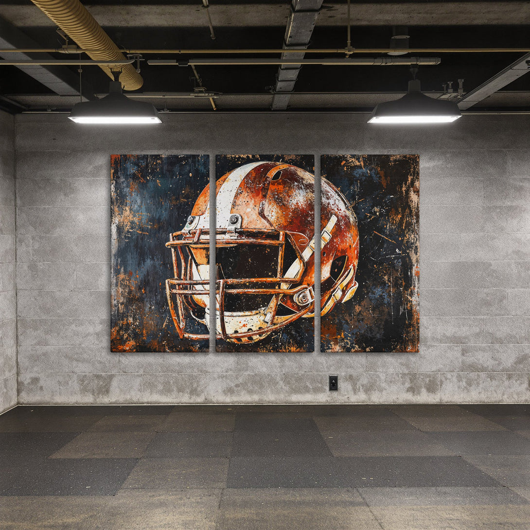 Canvas Print of a football helmet, abstract art style in orange, white, and blue tones. Perfect wall decor for sports fans.