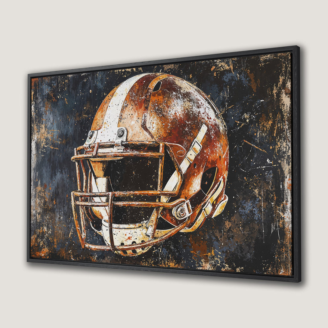 Framed Wall Art: Abstract football helmet canvas print in orange, white, and brown tones. Perfect sports decor for your home or office.