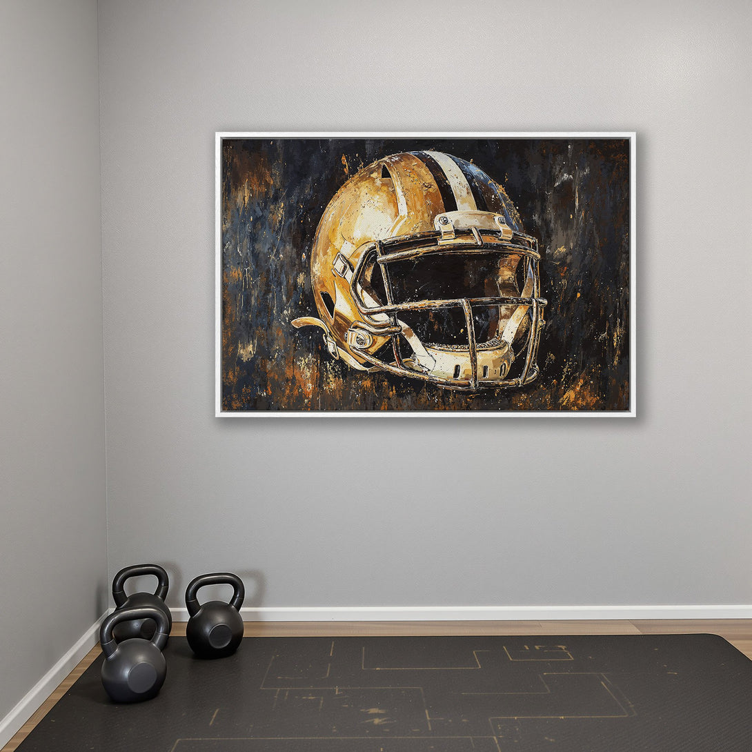 Framed Wall Art: Abstract Football Helmet Canvas Print. Bold, modern art with gold, black, and blue hues. Elevate your space with sports-themed decor!