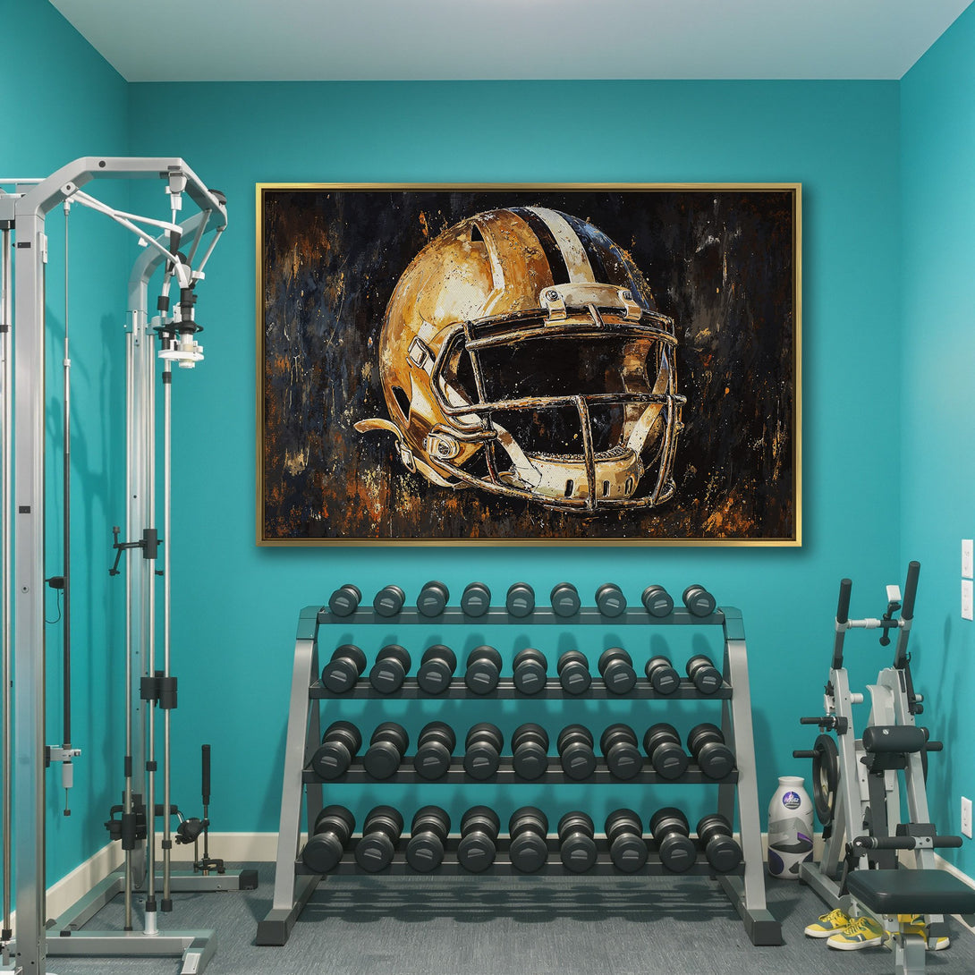 Canvas Print of a football helmet in a modern, abstract style with gold, black, and blue tones. Perfect wall art for sports enthusiasts!
