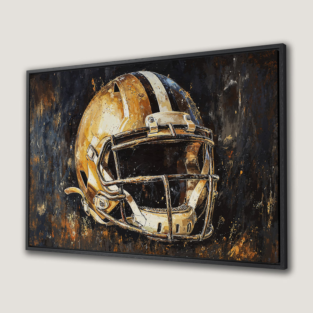 Framed Wall Art: Abstract football helmet art in gold, black, and orange. Modern canvas print for sports fans.