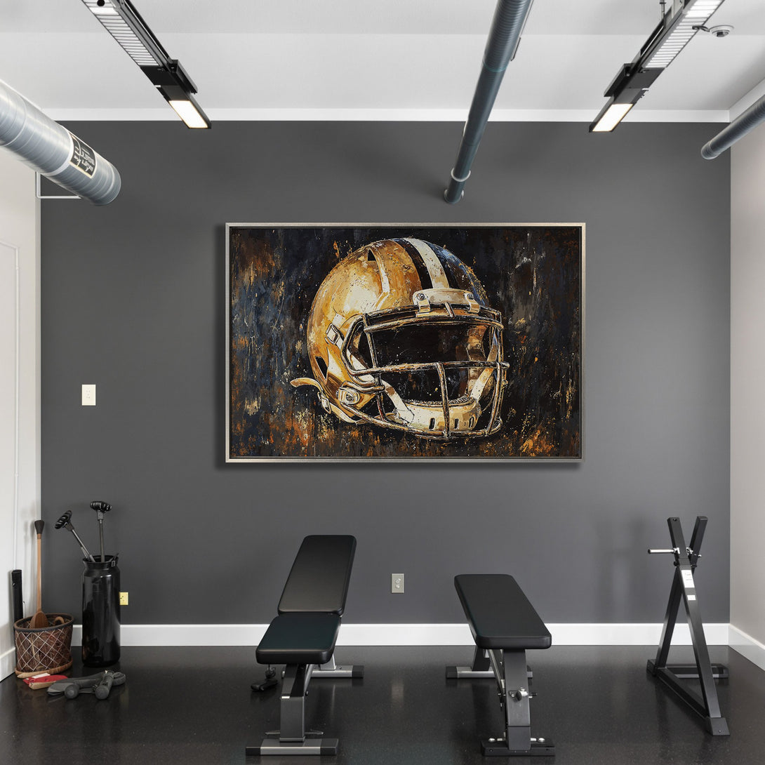Framed Wall Art: Abstract painting of a football helmet in a modern gym. Features a gold, black, and white color palette. Elevate your space!
