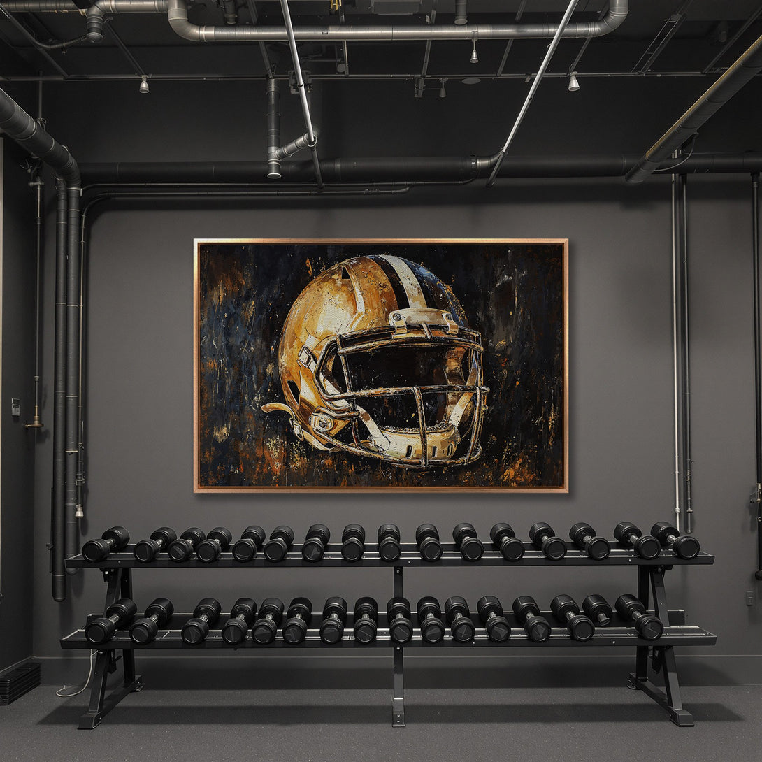Framed Wall Art: Abstract football helmet art in gold & black. Modern canvas print adds a touch of sports-inspired style to any interior.
