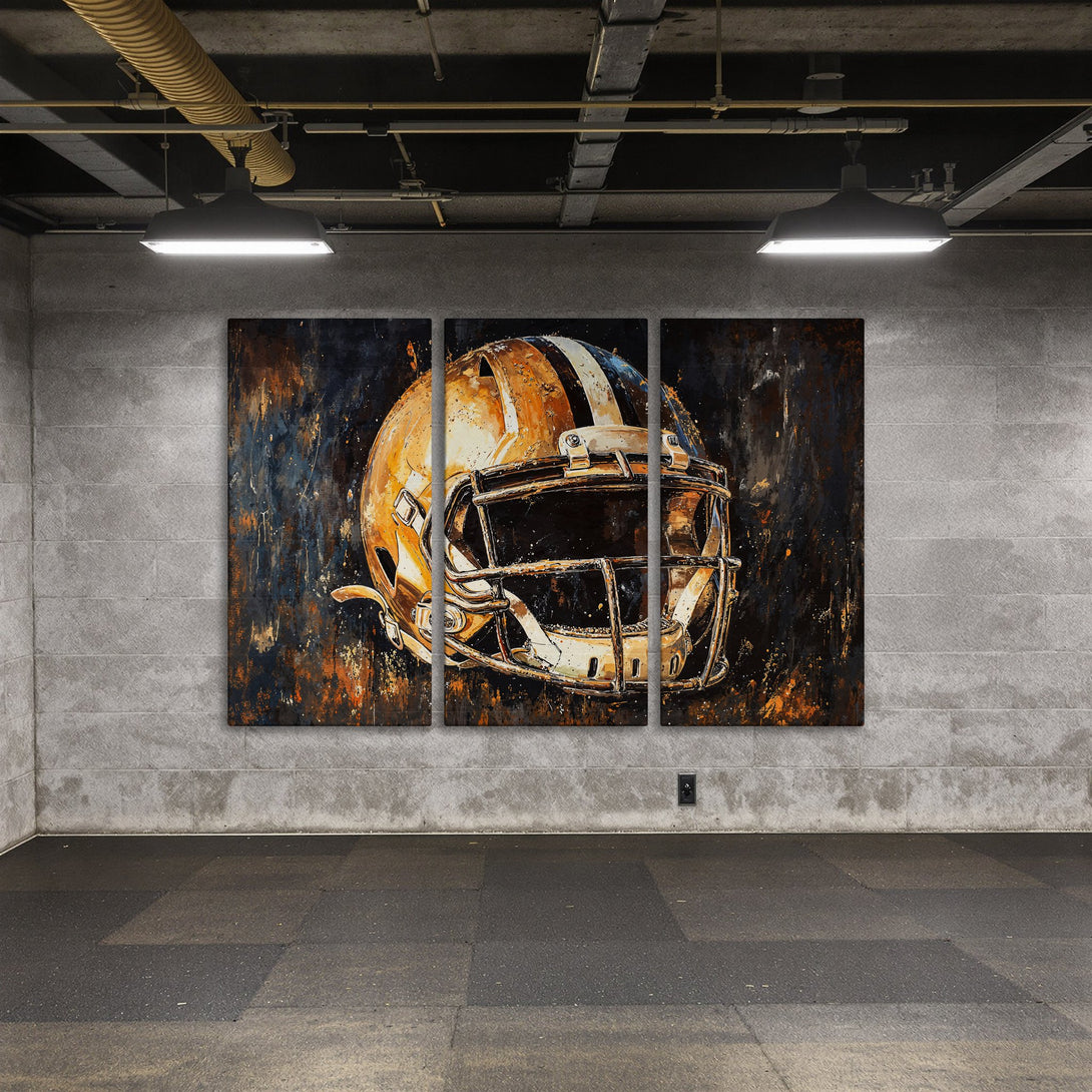 Canvas Print of a football helmet in a modern, abstract style with a warm, earthy color palette. Perfect for sports fans!