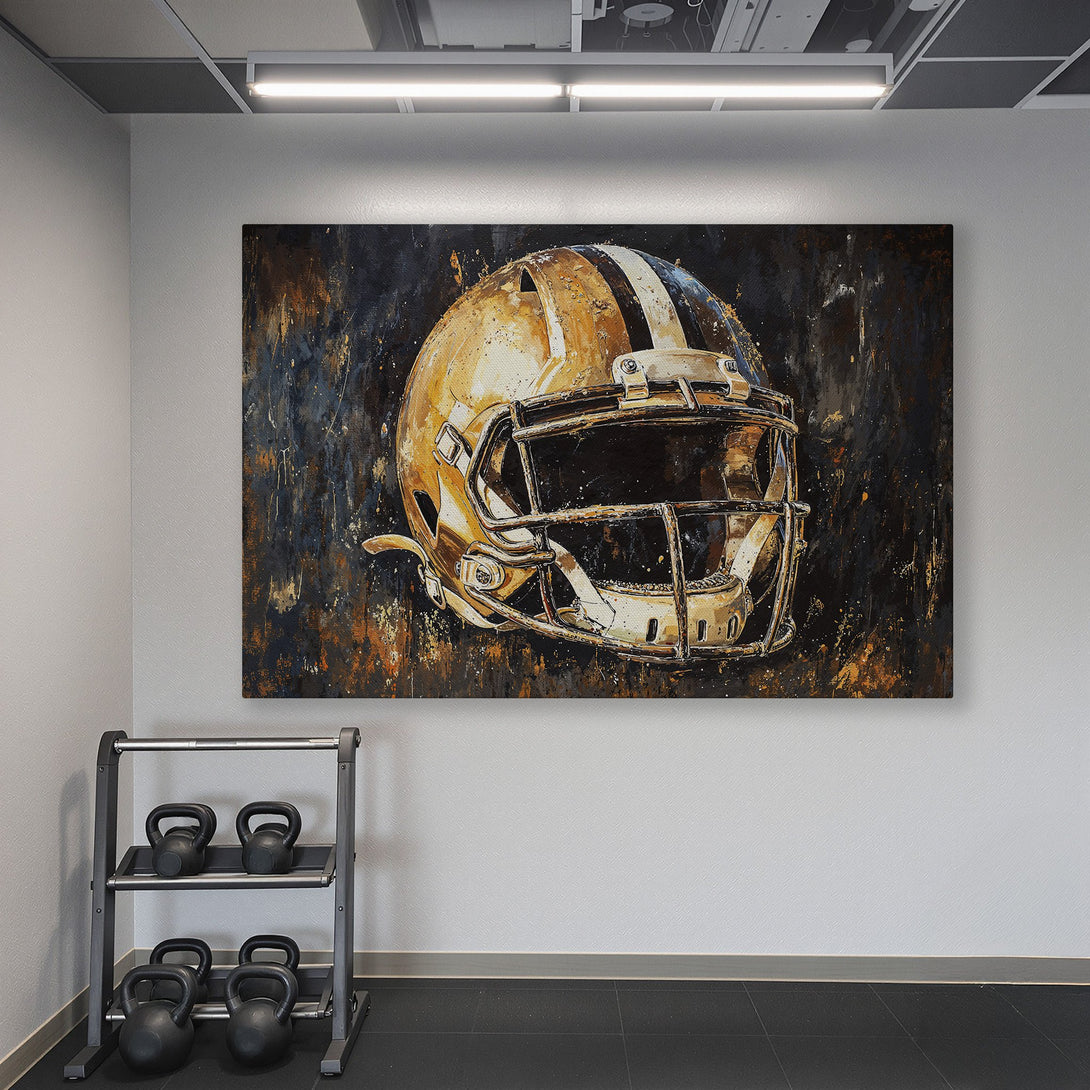 Framed Wall Art of a football helmet in a modern, abstract style with gold, black, and white tones. Perfect for a gym or sports-themed space.