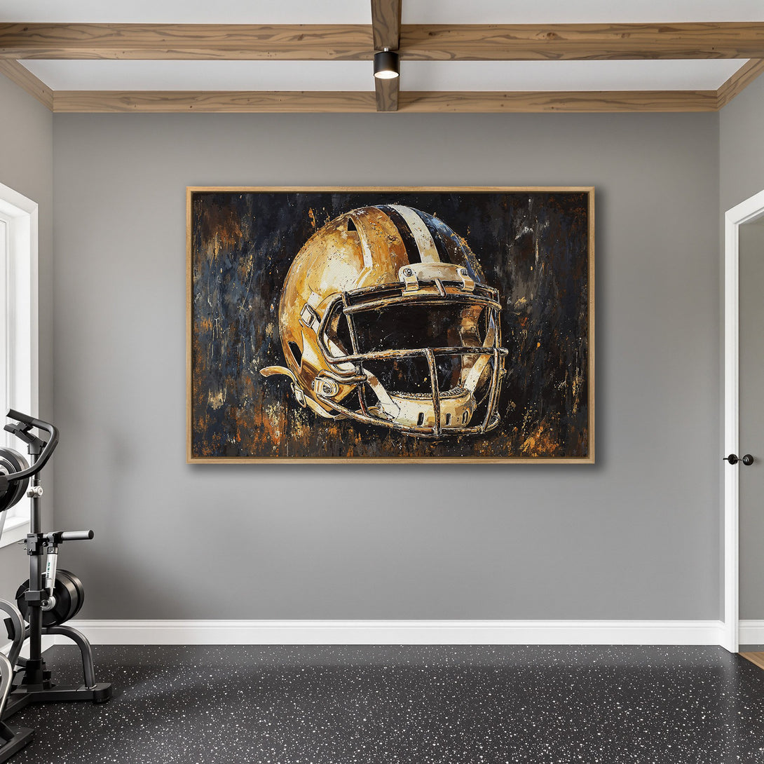Framed Wall Art: Abstract football helmet art in gold and black. Modern, sporty decor for your home gym or man cave.