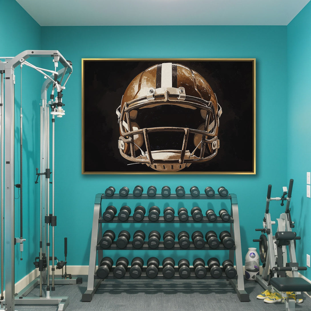 Canvas Print of a football helmet in a modern style, featuring a brown and white color palette, perfect for sports fans.