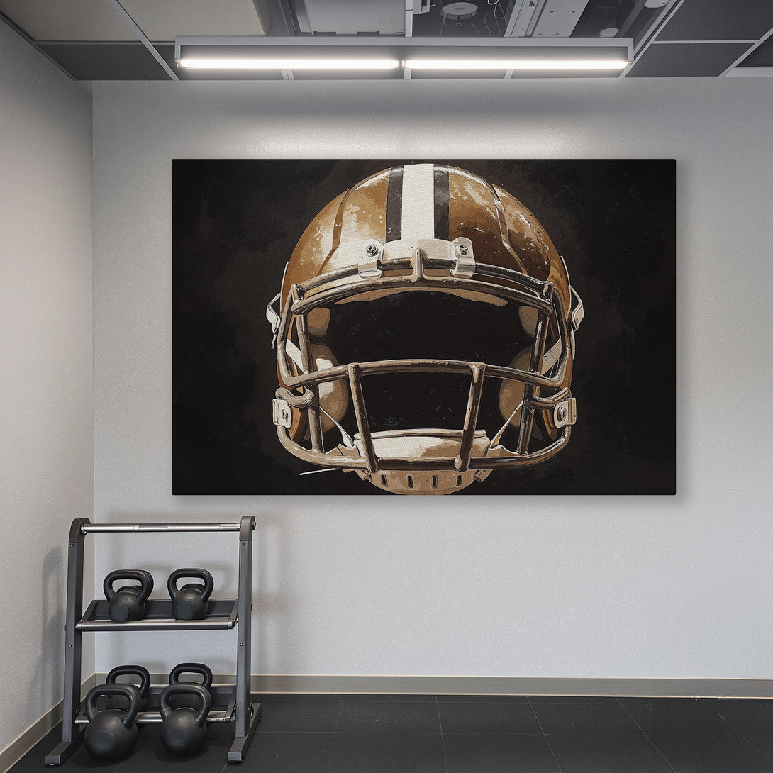 Framed Wall Art: Football helmet canvas print with a gold frame, in a gym with teal walls. Modern sports decor in brown, white, and black.